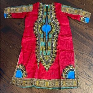 Long African Dashiki cotton cardigan coat jacket blue tones with pockets (OS)